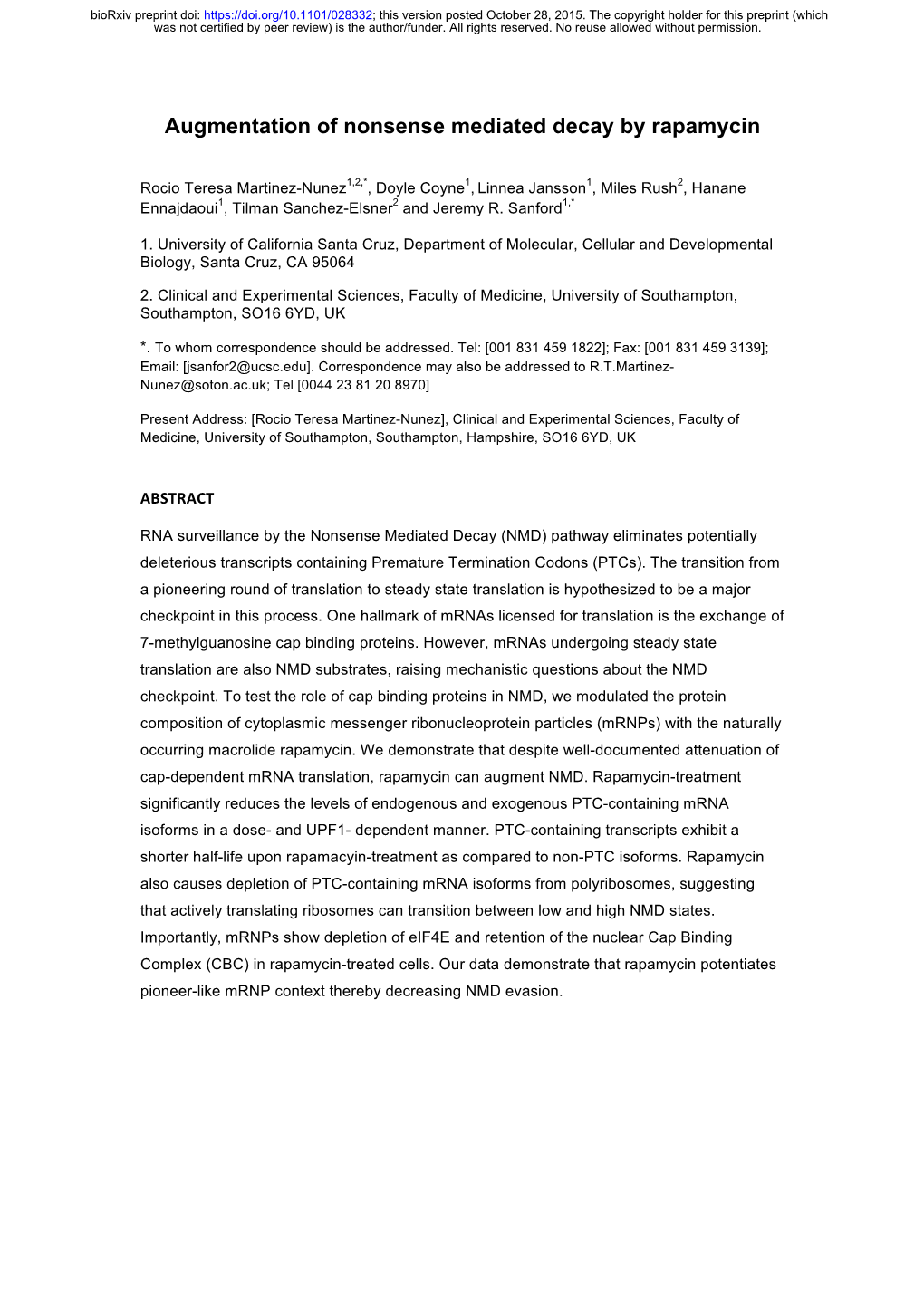 Augmentation of Nonsense Mediated Decay by Rapamycin