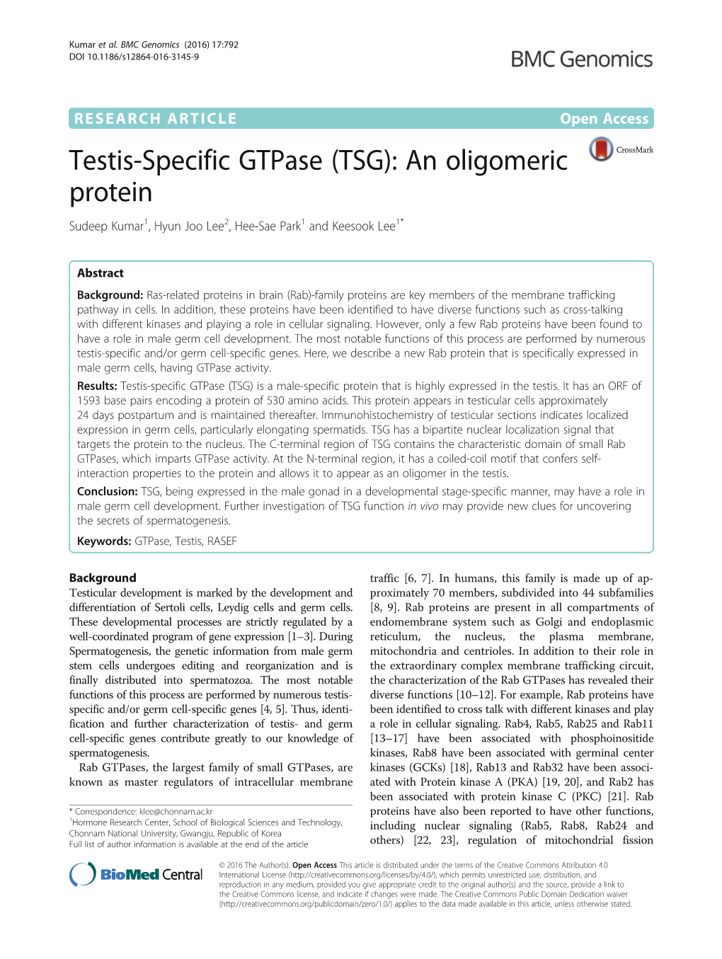 Testis-Specific Gtpase (TSG): an Oligomeric Protein Sudeep Kumar1, Hyun Joo Lee2, Hee-Sae Park1 and Keesook Lee1*