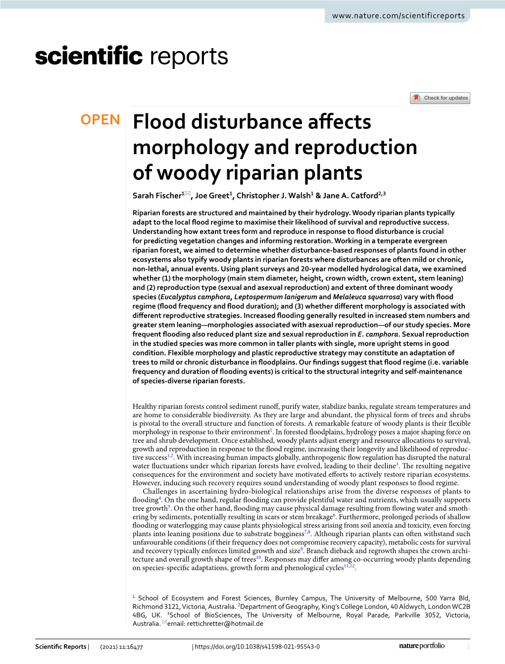 Flood Disturbance Affects Morphology and Reproduction of Woody Riparian