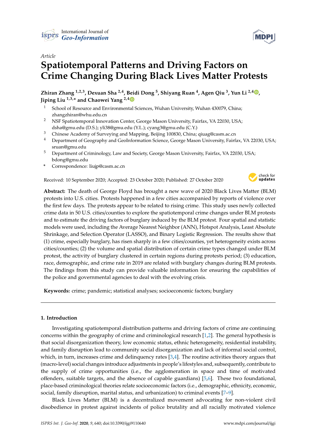 Spatiotemporal Patterns and Driving Factors on Crime Changing During Black Lives Matter Protests