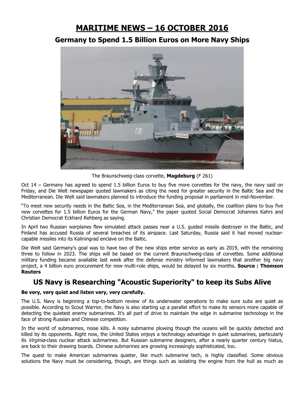MARITIME NEWS – 16 OCTOBER 2016 Germany to Spend 1.5 Billion Euros on More Navy Ships