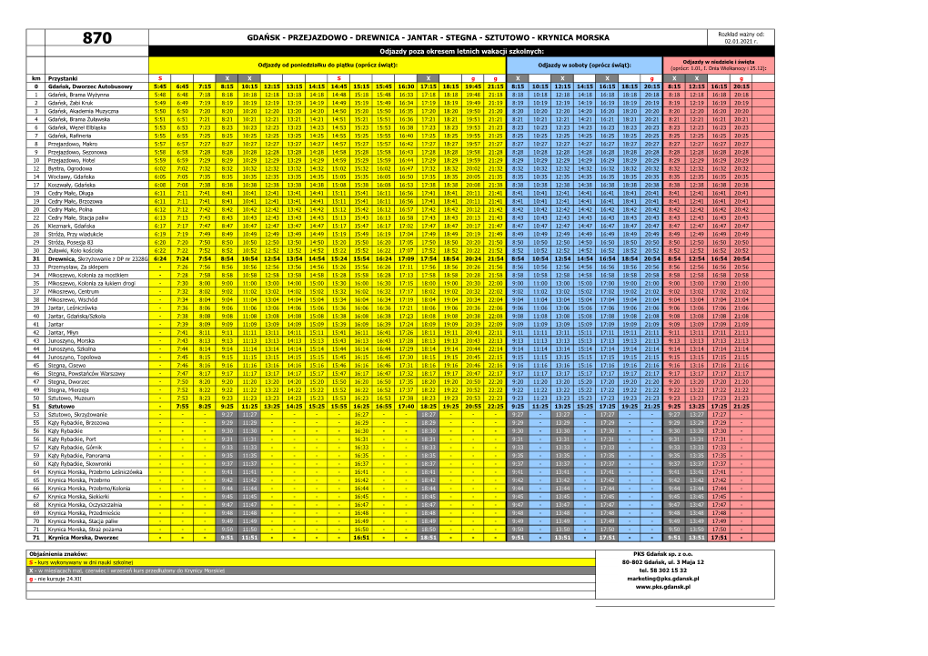 KRYNICA MORSKA Rozkład Ważny Od: 870 02.01.2021 R
