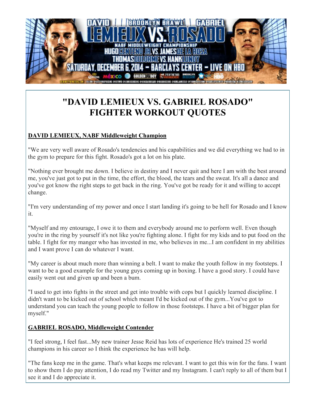 "David Lemieux Vs. Gabriel Rosado" Fighter Workout Quotes