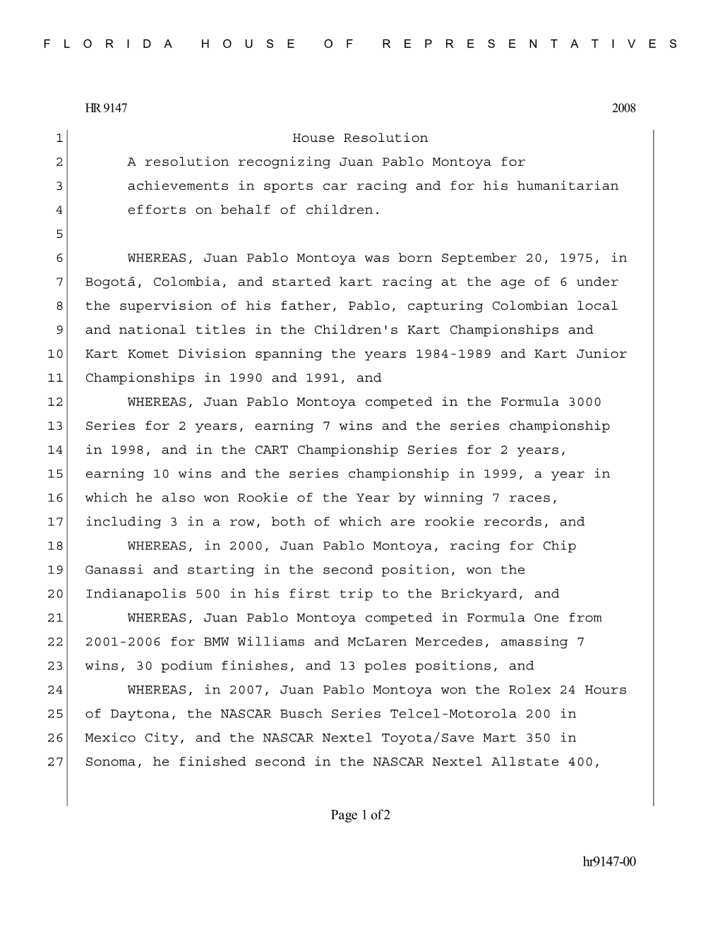Hr9147-00 Page 1 of 2 House Resolution 1 a Resolution
