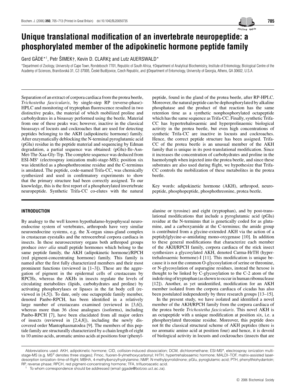 A Phosphorylated Member of the Adipokinetic Hormone Peptide Family