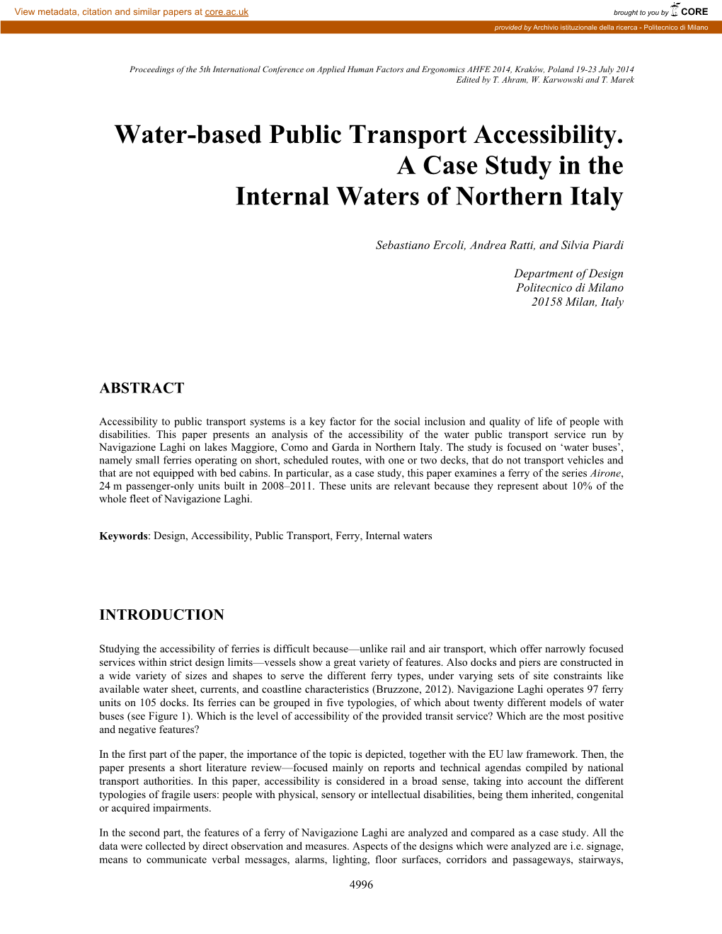 Water-Based Public Transport Accessibility. a Case Study in the Internal Waters of Northern Italy