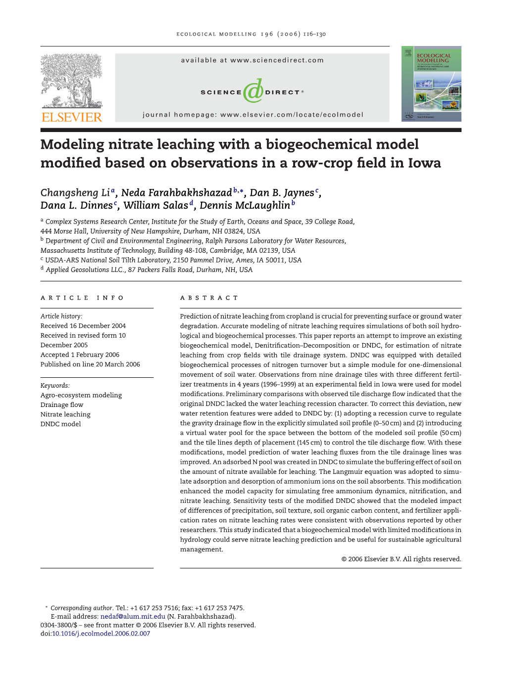 Modeling Nitrate Leaching with a Biogeochemical Model Modified