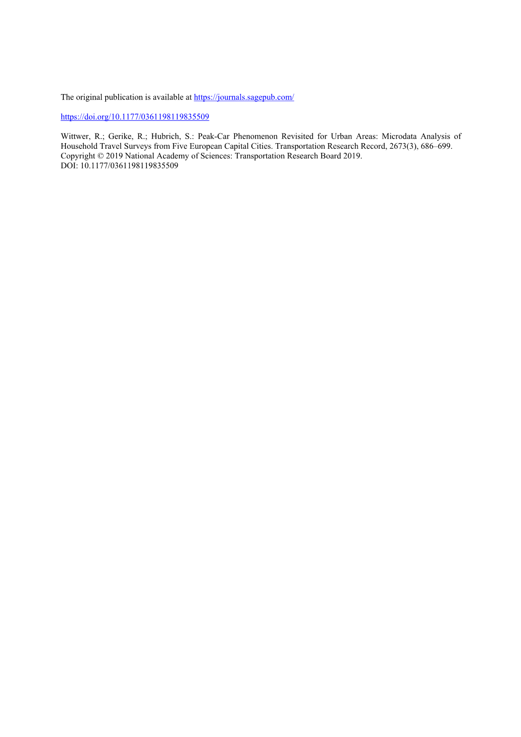 Peak-Car Phenomenon Revisited for Urban Areas: Microdata Analysis of Household Travel Surveys from Five European Capital Cities