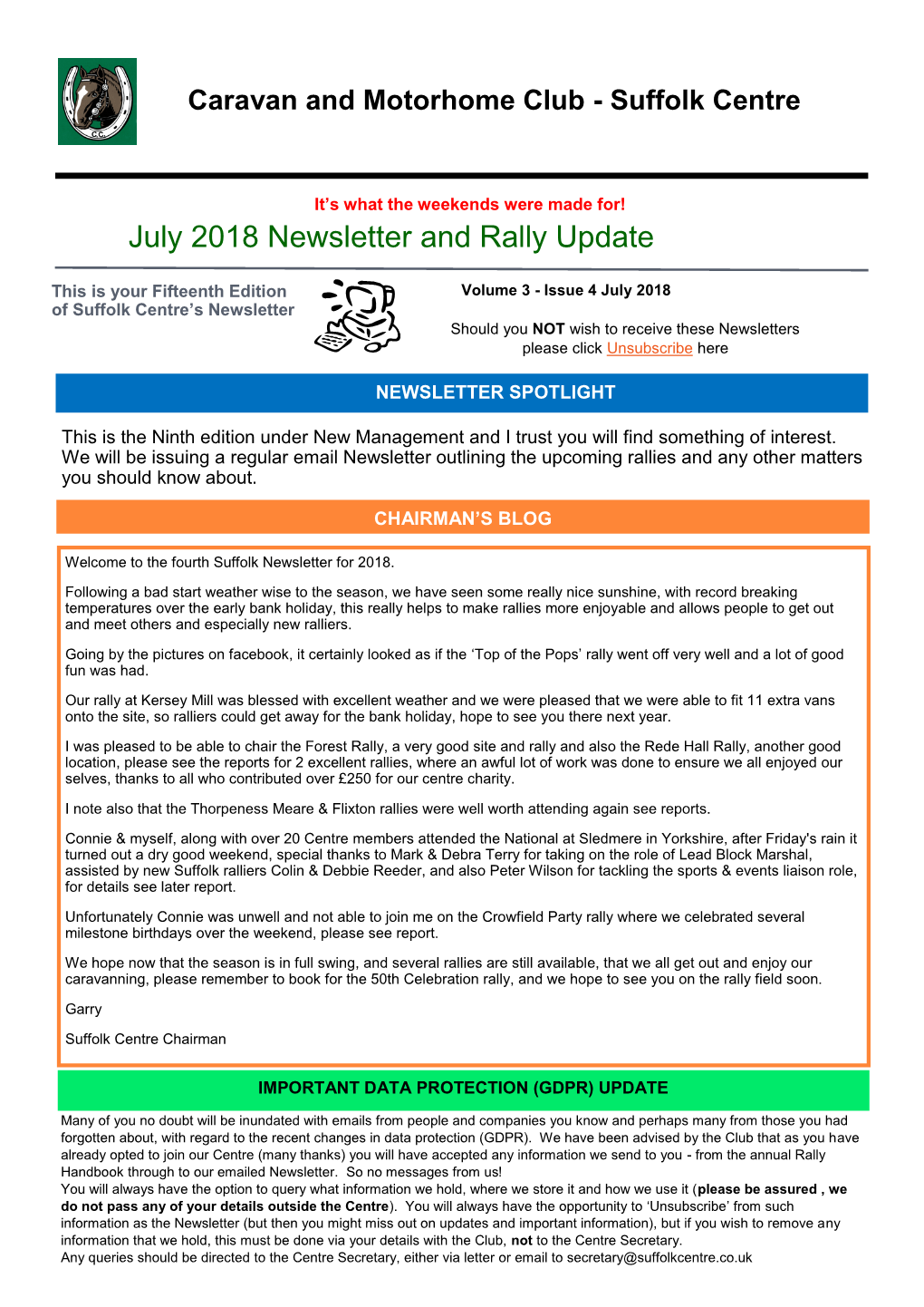 July 2018 Newsletter and Rally Update