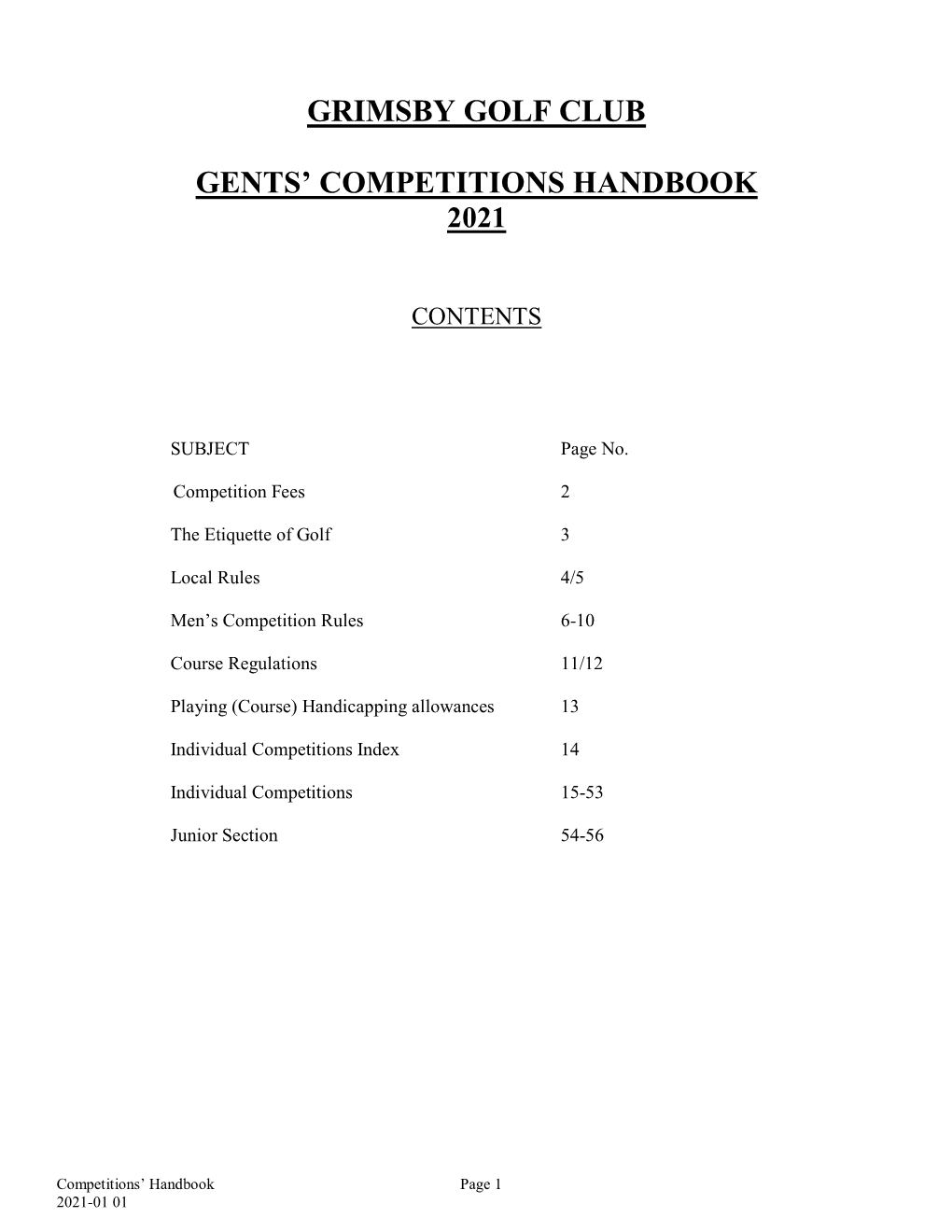 Grimsby Golf Club Gents' Competitions Handbook