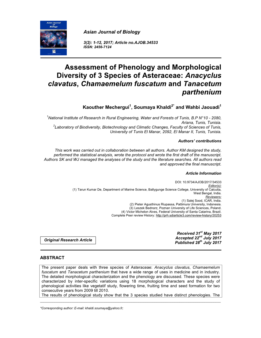 Assessment of Phenology and Morphological Diversity of 3 Species of Asteraceae: Anacyclus Clavatus, Chamaemelum Fuscatum and Tanacetum Parthenium