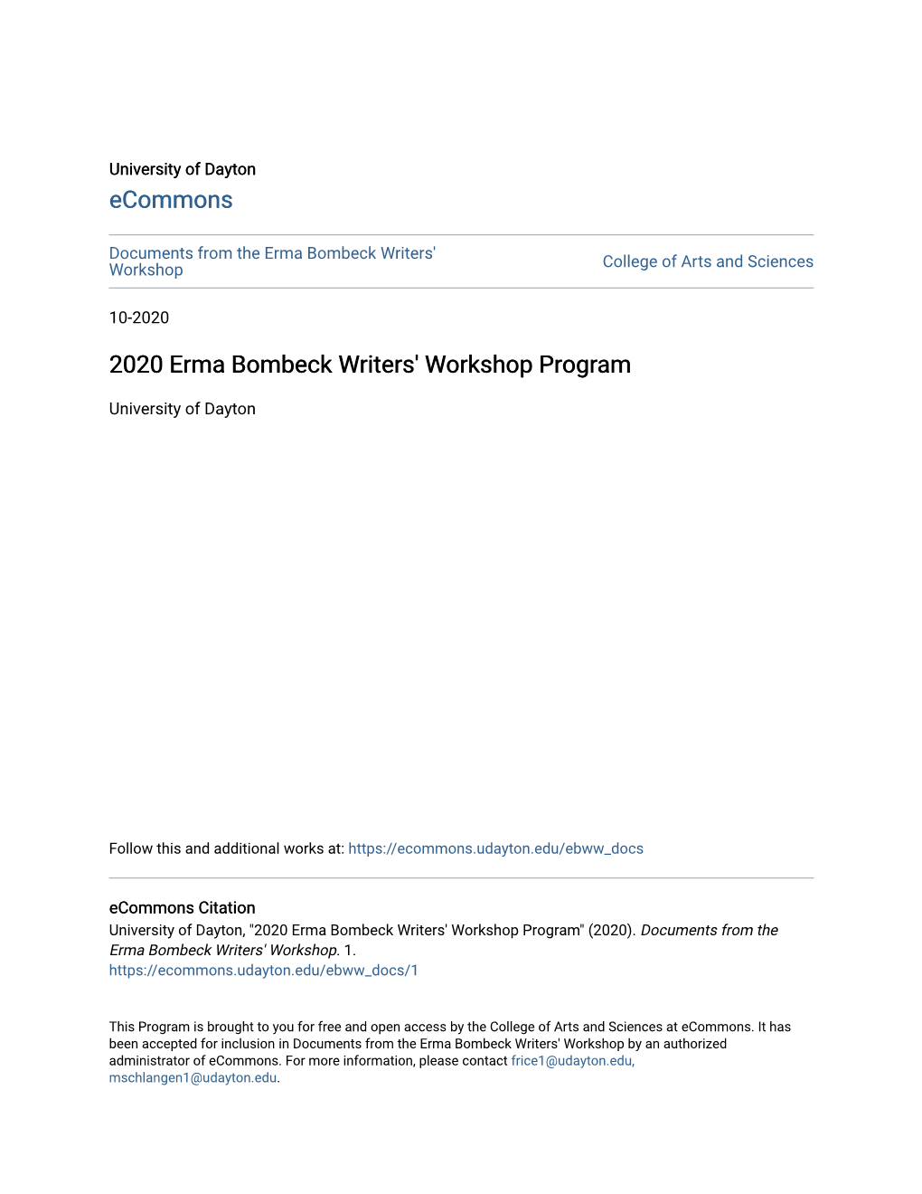 2020 Erma Bombeck Writers' Workshop Program