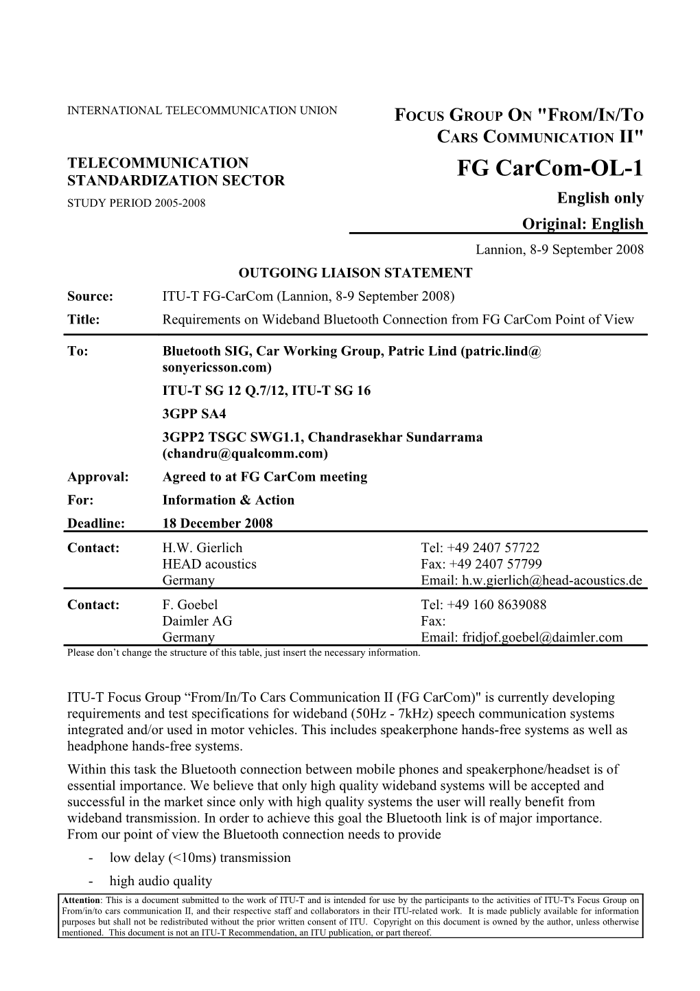 Requirements on Wideband Bluetooth Connection from FG Carcom Point of View