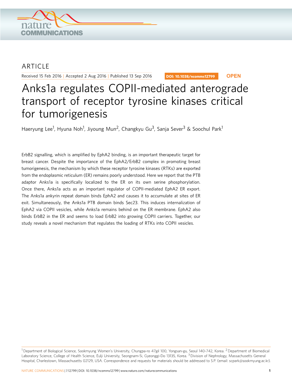 Anks1a Regulates COPII-Mediated Anterograde Transport of Receptor Tyrosine Kinases Critical for Tumorigenesis