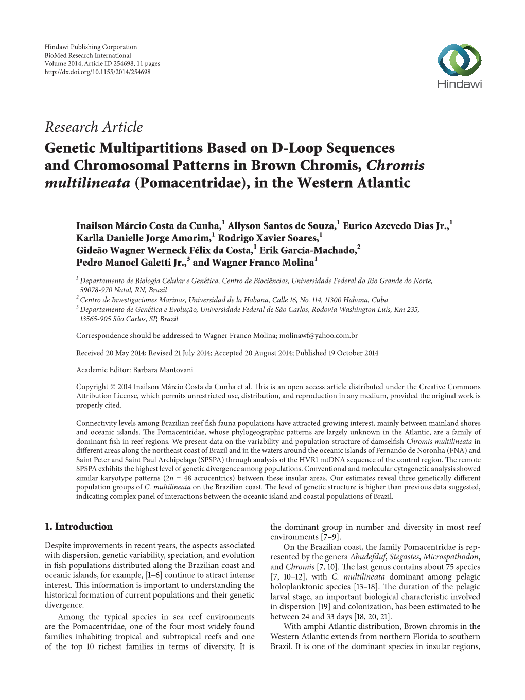 Genetic Multipartitions Based on D-Loop Sequences and Chromosomal Patterns in Brown Chromis, Chromis Multilineata (Pomacentridae), in the Western Atlantic