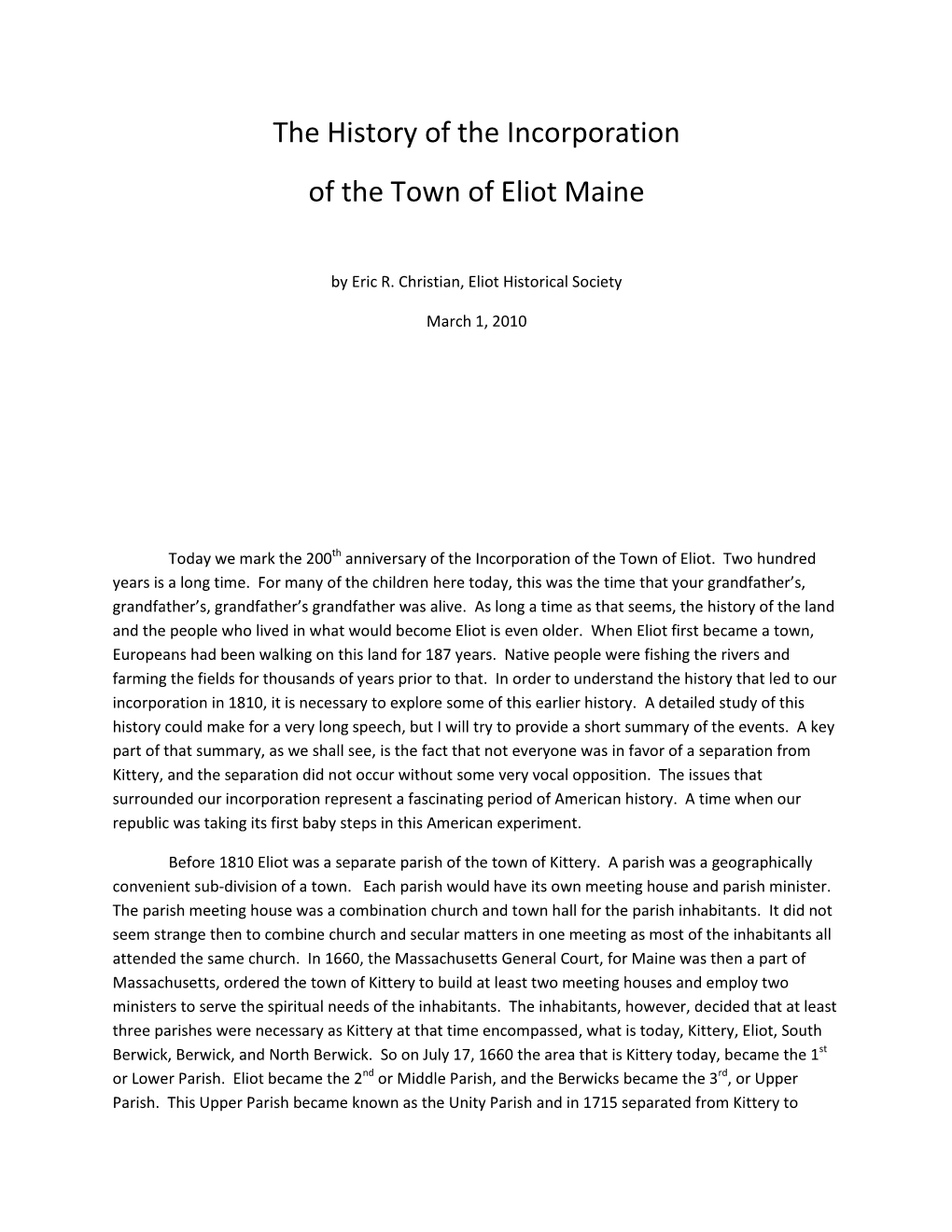 The History of the Incorporation of the Town of Eliot Maine