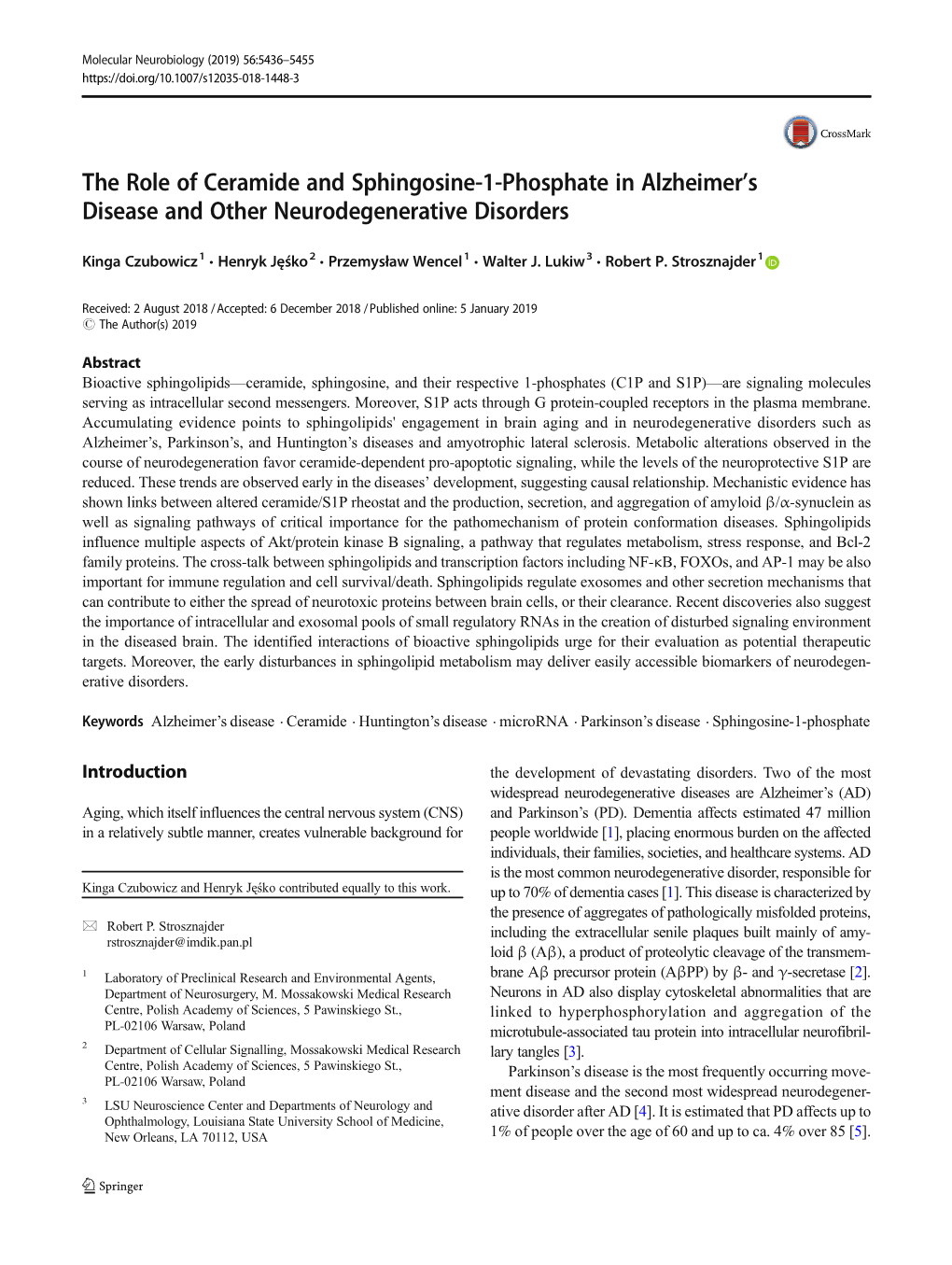 The Role of Ceramide and Sphingosine-1-Phosphate in Alzheimer's