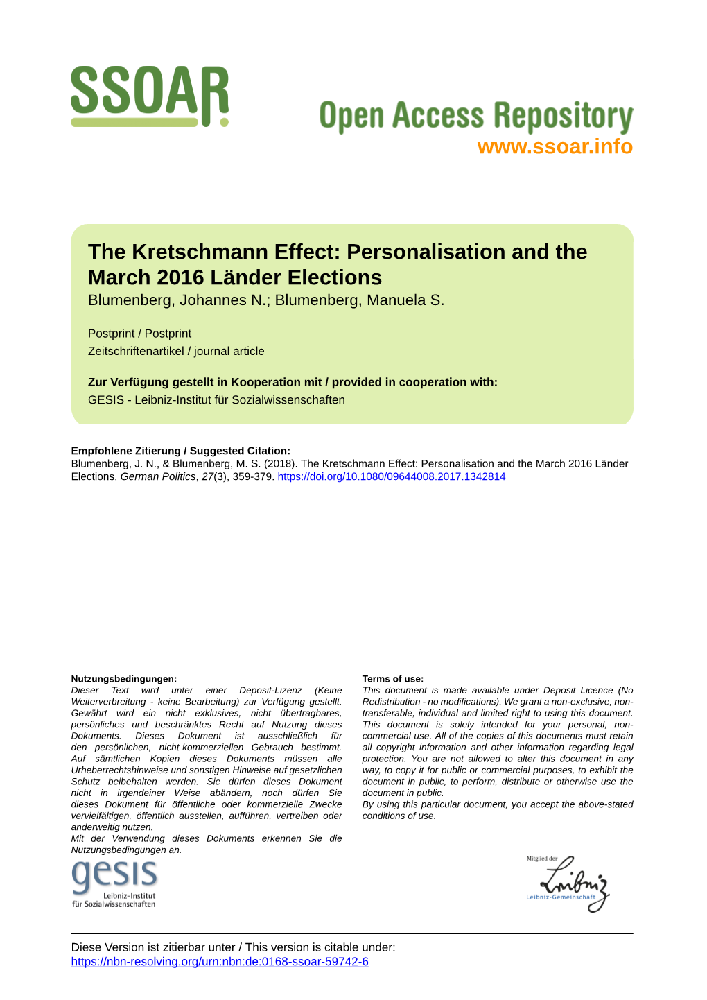 The Kretschmann Effect: Personalisation and the March 2016 Länder Elections Blumenberg, Johannes N.; Blumenberg, Manuela S