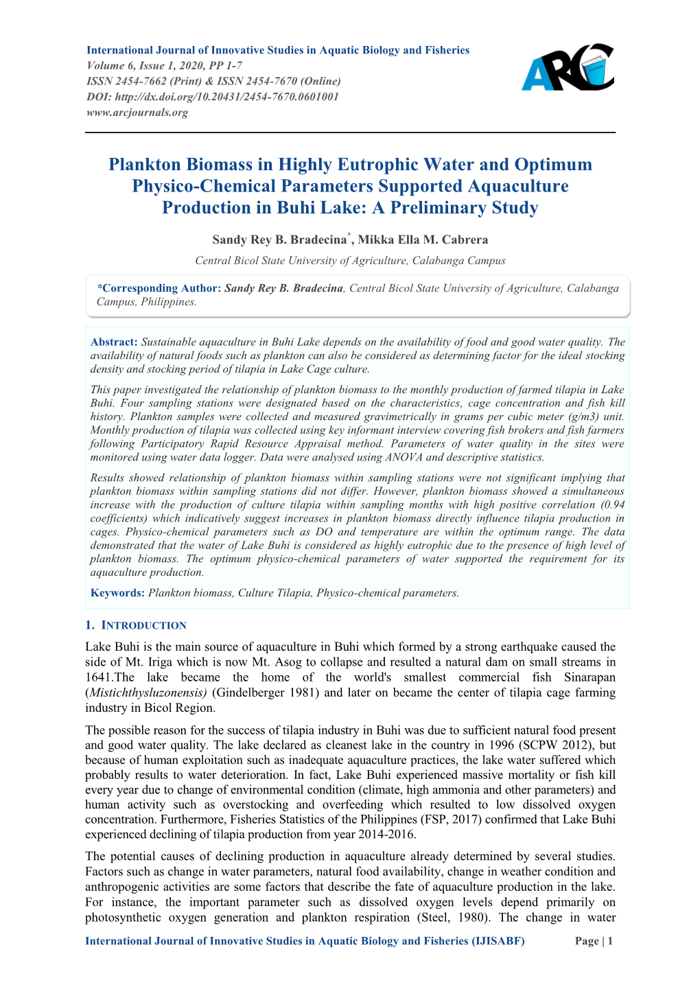Plankton Biomass in Highly Eutrophic Water and Optimum Physico-Chemical Parameters Supported Aquaculture Production in Buhi Lake: a Preliminary Study