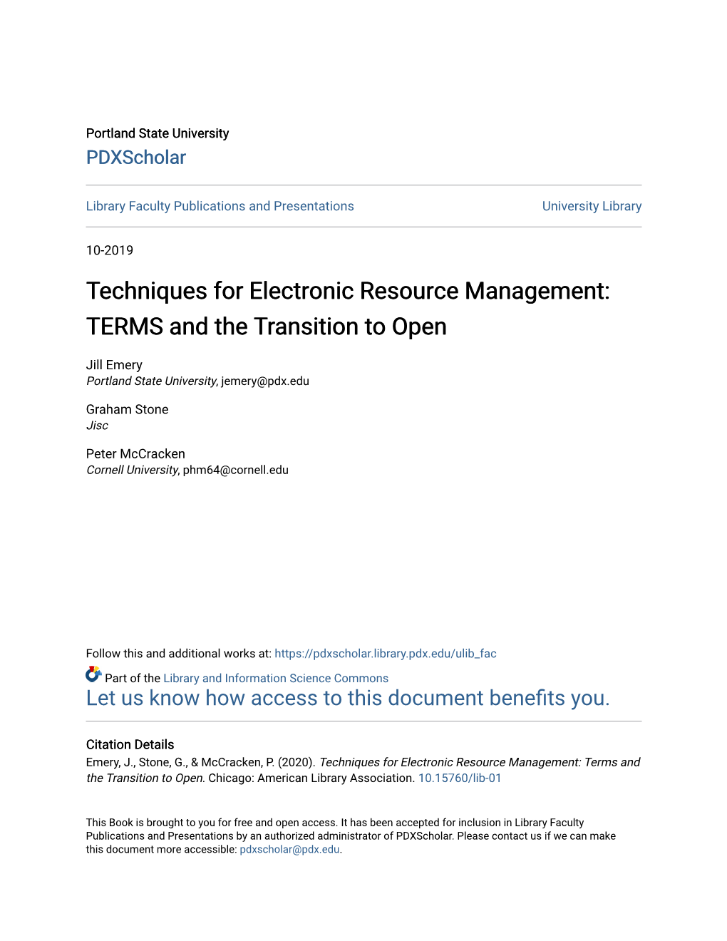 Techniques for Electronic Resource Management: TERMS and the Transition to Open