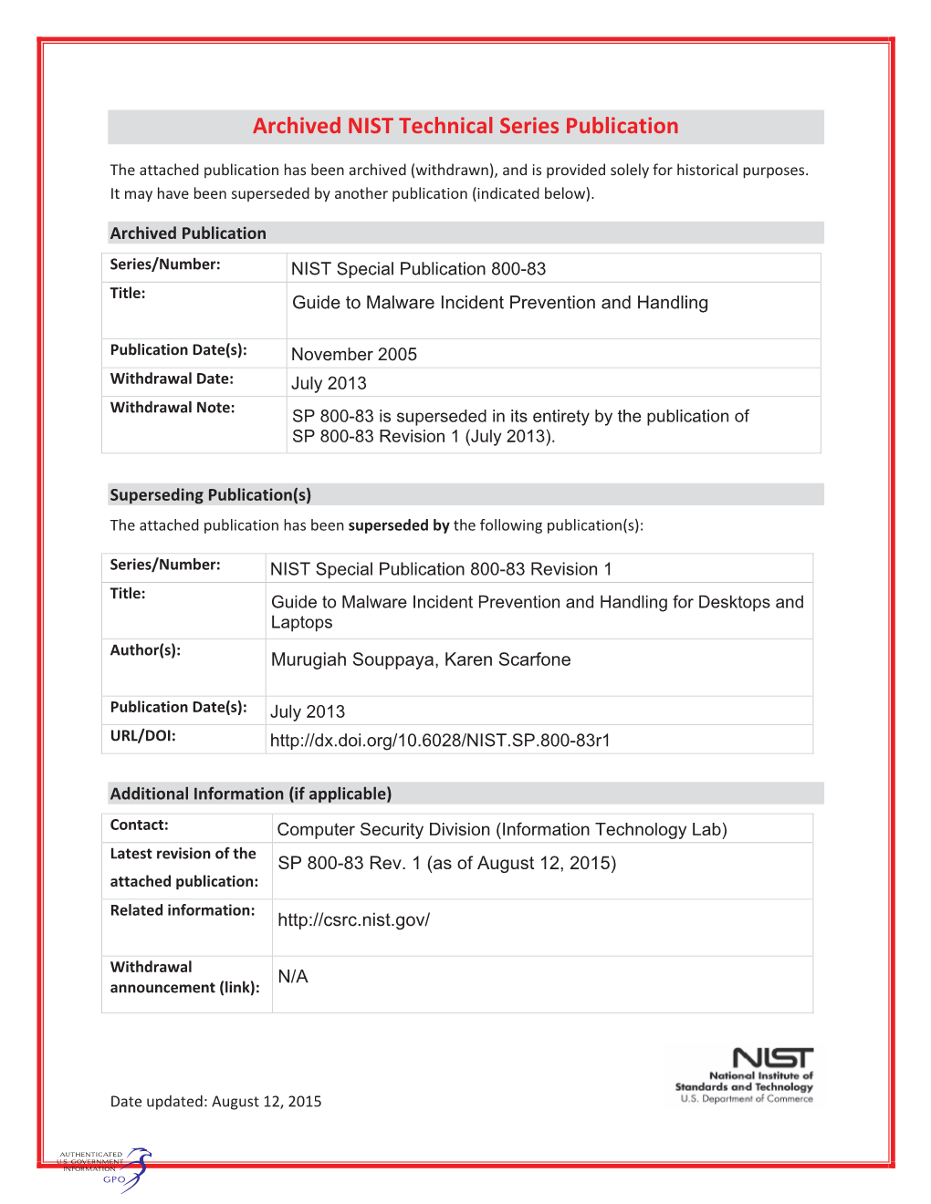 Guide to Malware Incident Prevention and Handling