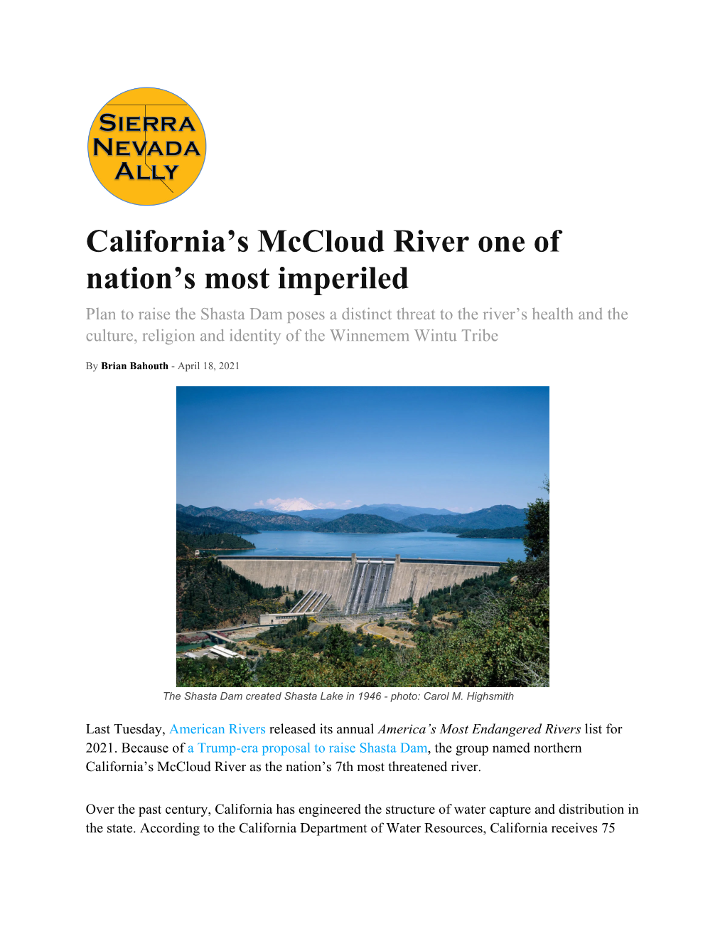 California's Mccloud River One of Nation's Most Imperiled