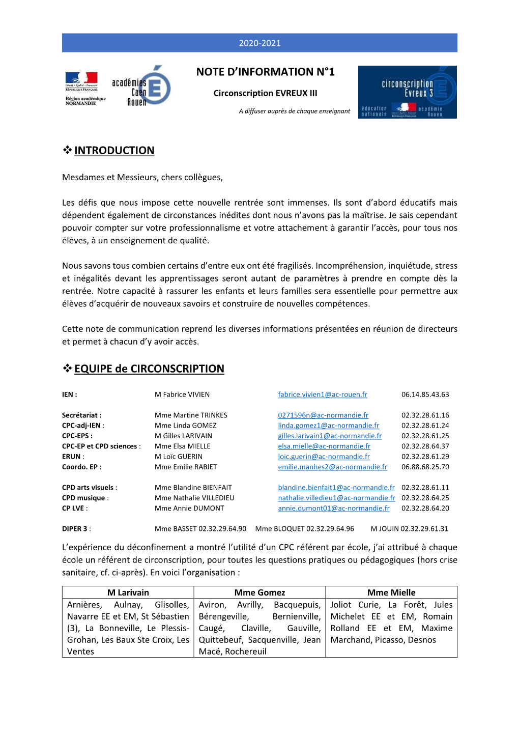 NOTE D'information N°1 INTRODUCTION EQUIPE De