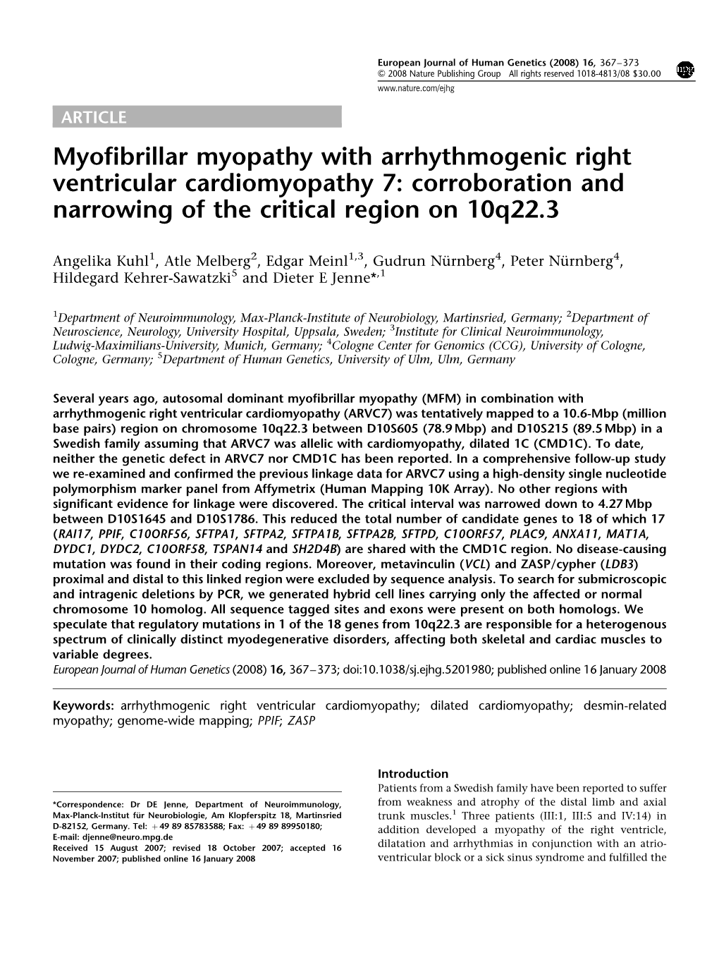 Myofibrillar Myopathy with Arrhythmogenic Right Ventricular Cardiomyopathy 7: Corroboration and Narrowing of the Critical Region on 10Q22.3