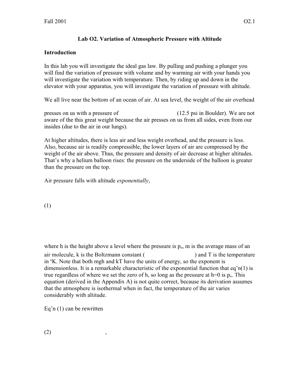 Lab O2: Variation of Atmospheric Pressure with Altitude