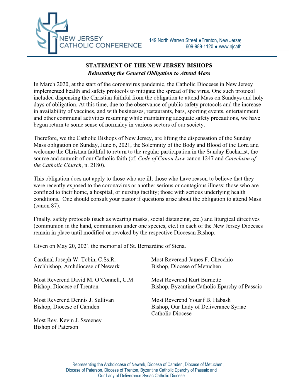 STATEMENT of the NEW JERSEY BISHOPS Reinstating the General Obligation to Attend Mass in March 2020, at the Start of the Coronav