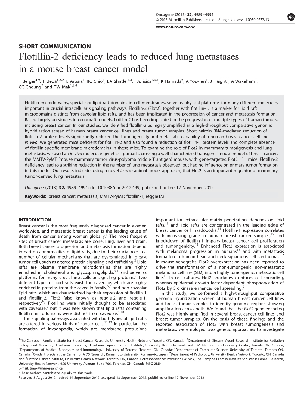 Flotillin-2 Deficiency Leads to Reduced Lung Metastases in a Mouse Breast