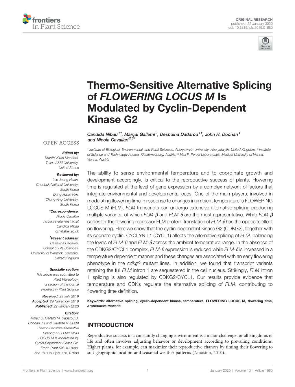 Thermo-Sensitive Alternative Splicing of FLOWERING LOCUS M Is Modulated by Cyclin-Dependent Kinase G2
