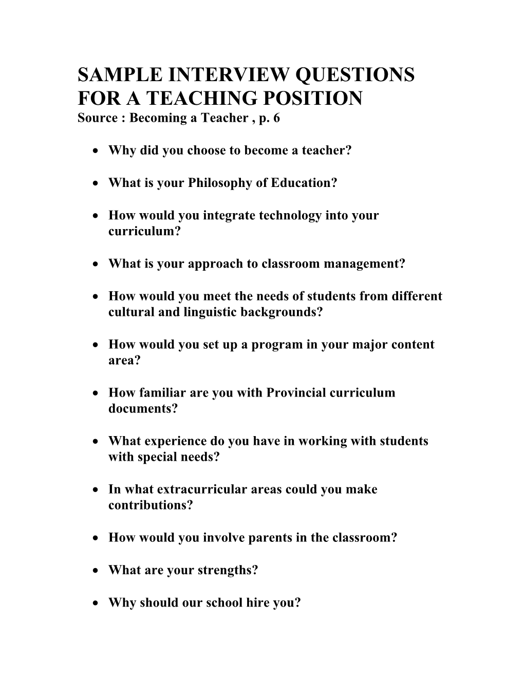 Sample Interview Questions for a Teaching Position