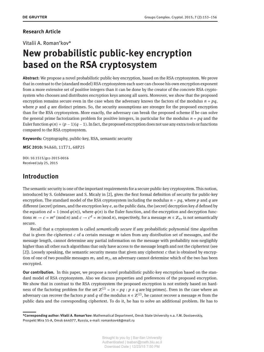 New Probabilistic Public-Key Encryption Based on the RSA Cryptosystem