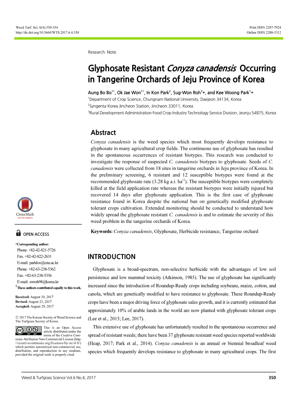 Glyphosate Resistant Conyza Canadensis Occurring in Tangerine Orchards of Jeju Province of Korea