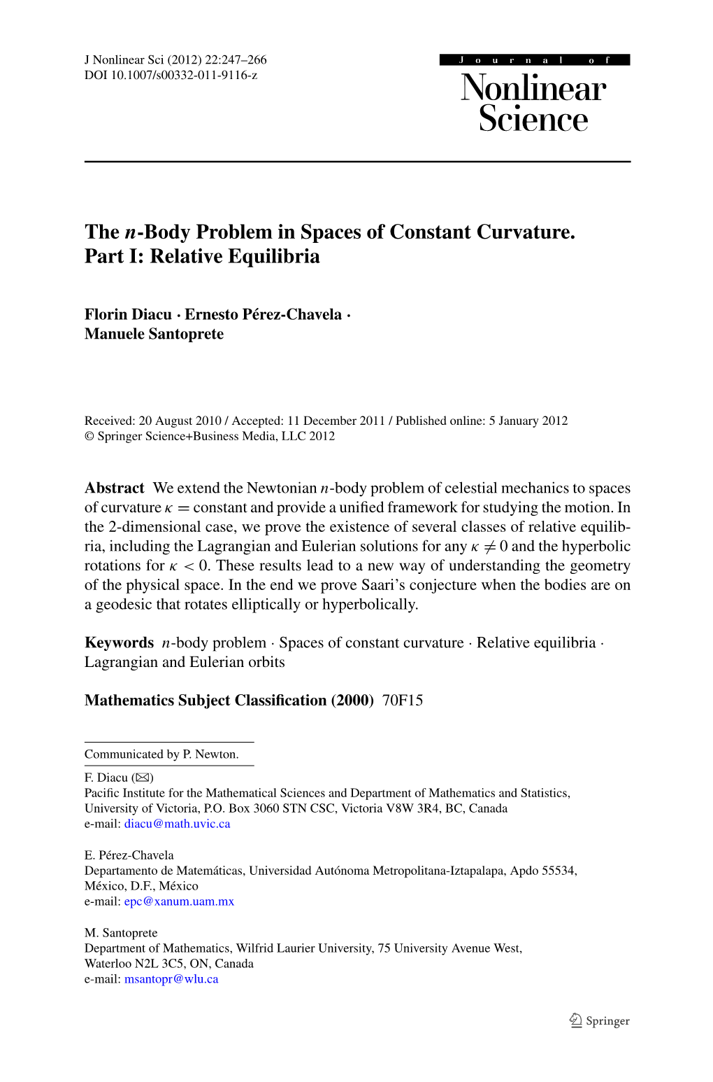 The N-Body Problem in Spaces of Constant Curvature. Part I: Relative Equilibria