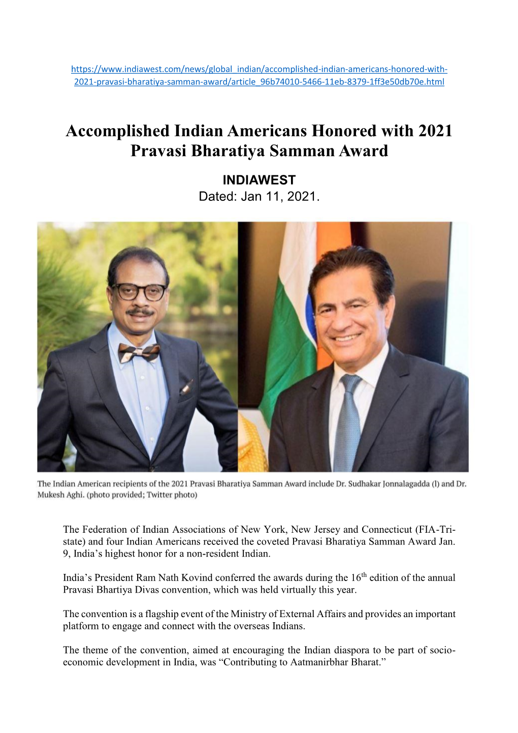 Accomplished Indian Americans Honored with 2021 Pravasi Bharatiya Samman Award