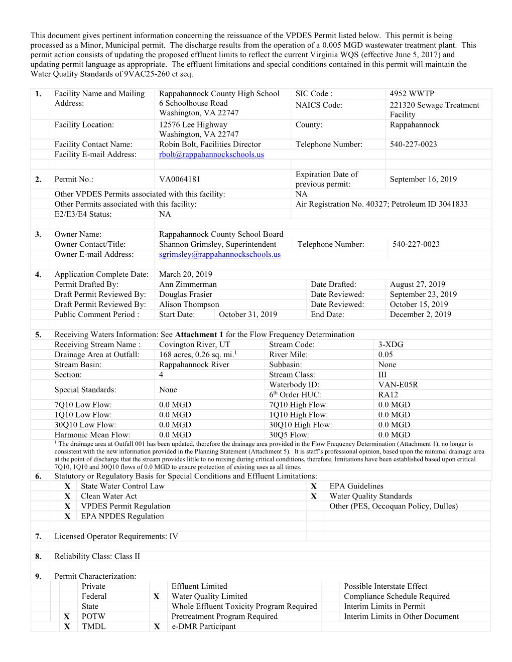 This Document Gives Pertinent Information Concerning the Reissuance of the VPDES Permit Listed Below