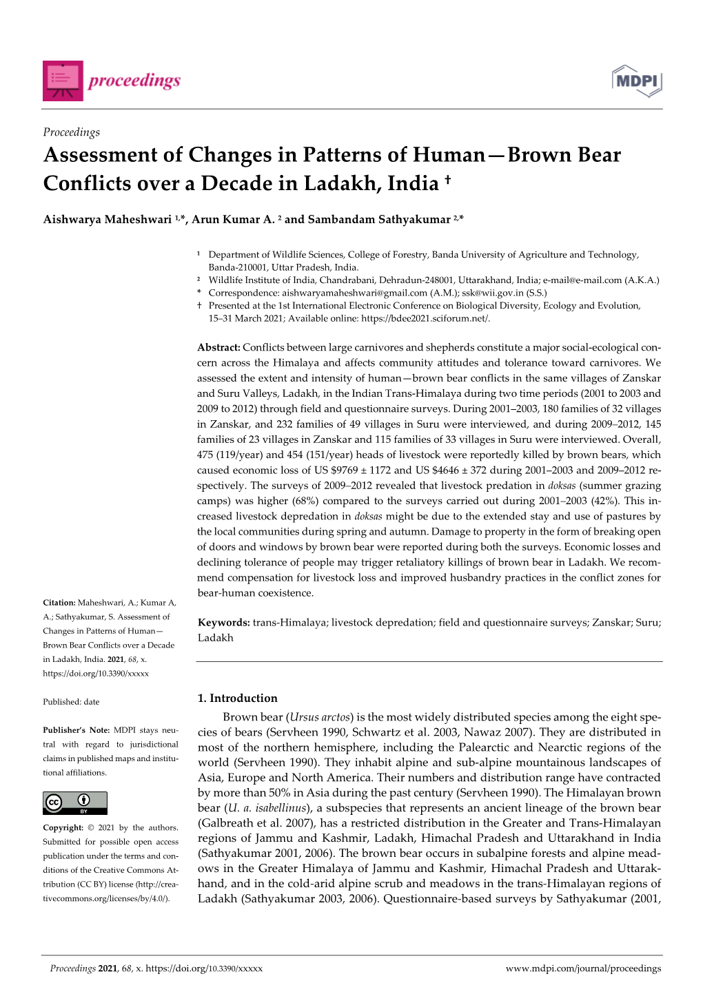 Assessment of Changes in Patterns of Human—Brown Bear Conflicts Over a Decade in Ladakh, India †