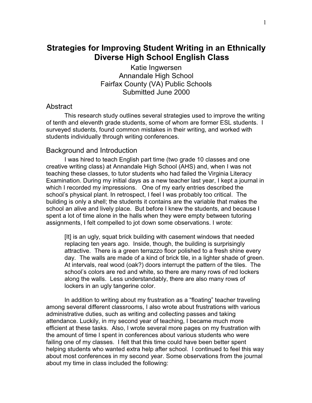 Strategies for Improving Student Writing in an Ethnically Diverse