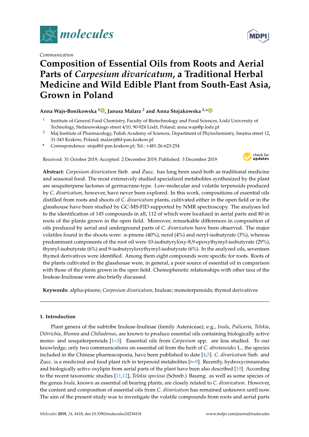 Composition of Essential Oils from Roots and Aerial Parts Of