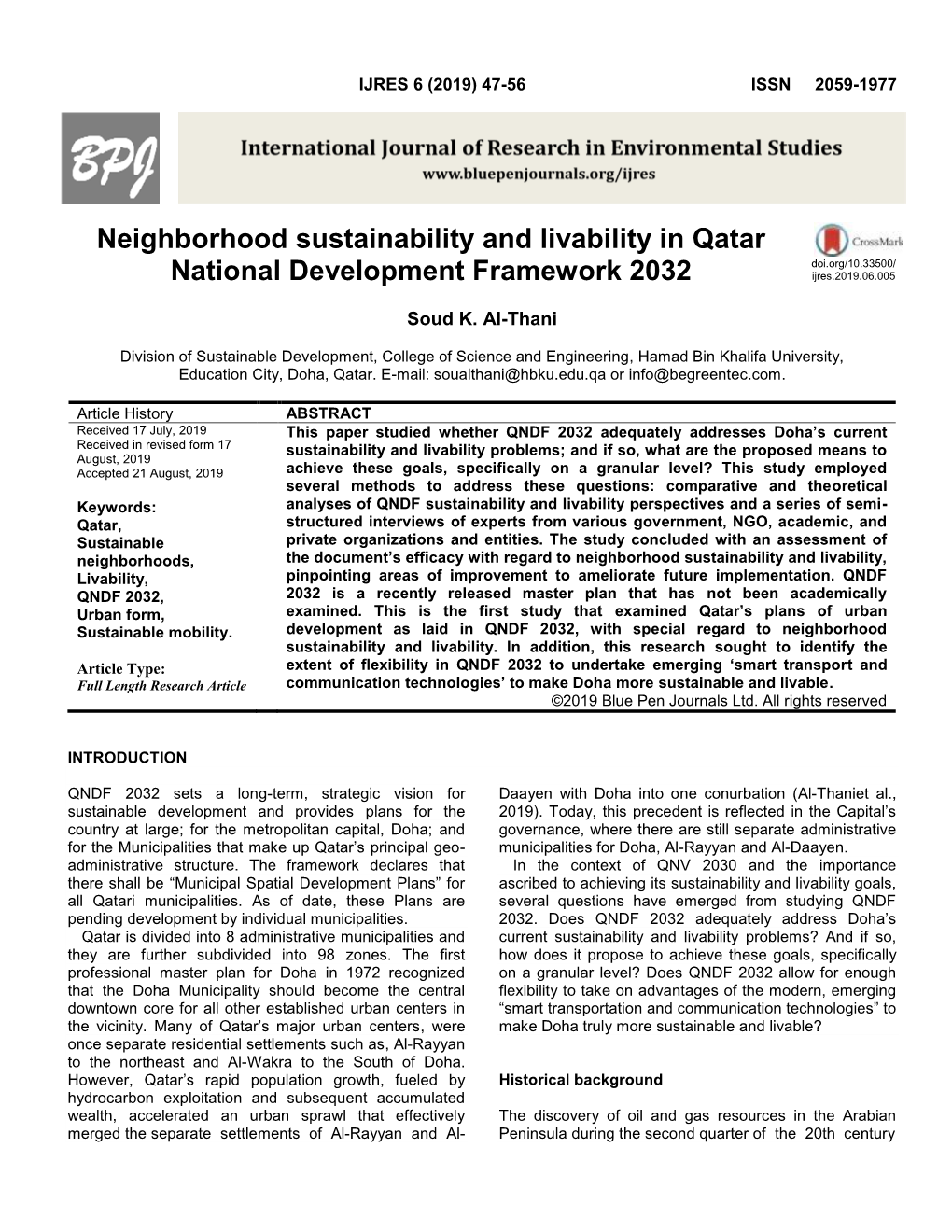 Neighborhood Sustainability and Livability in Qatar National