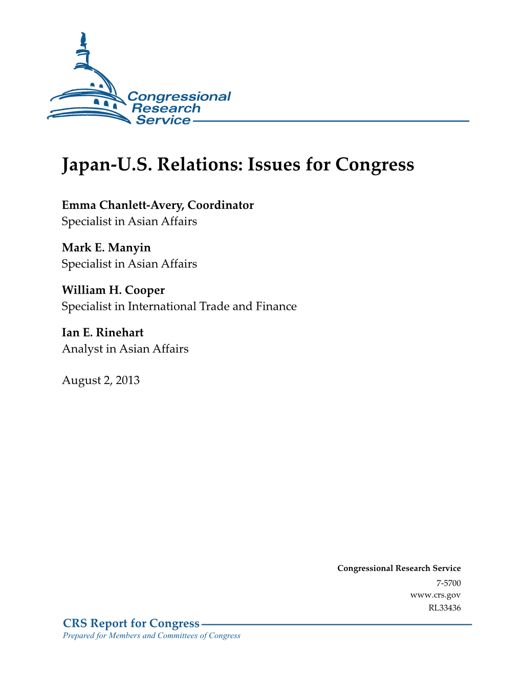 Japan-U.S. Relations: Issues for Congress