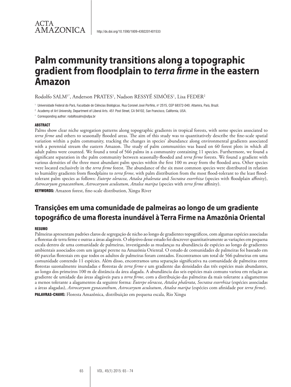 Palm Community Transitions Along a Topographic Gradient from Floodplain Toterra Firme in the Eastern Amazon