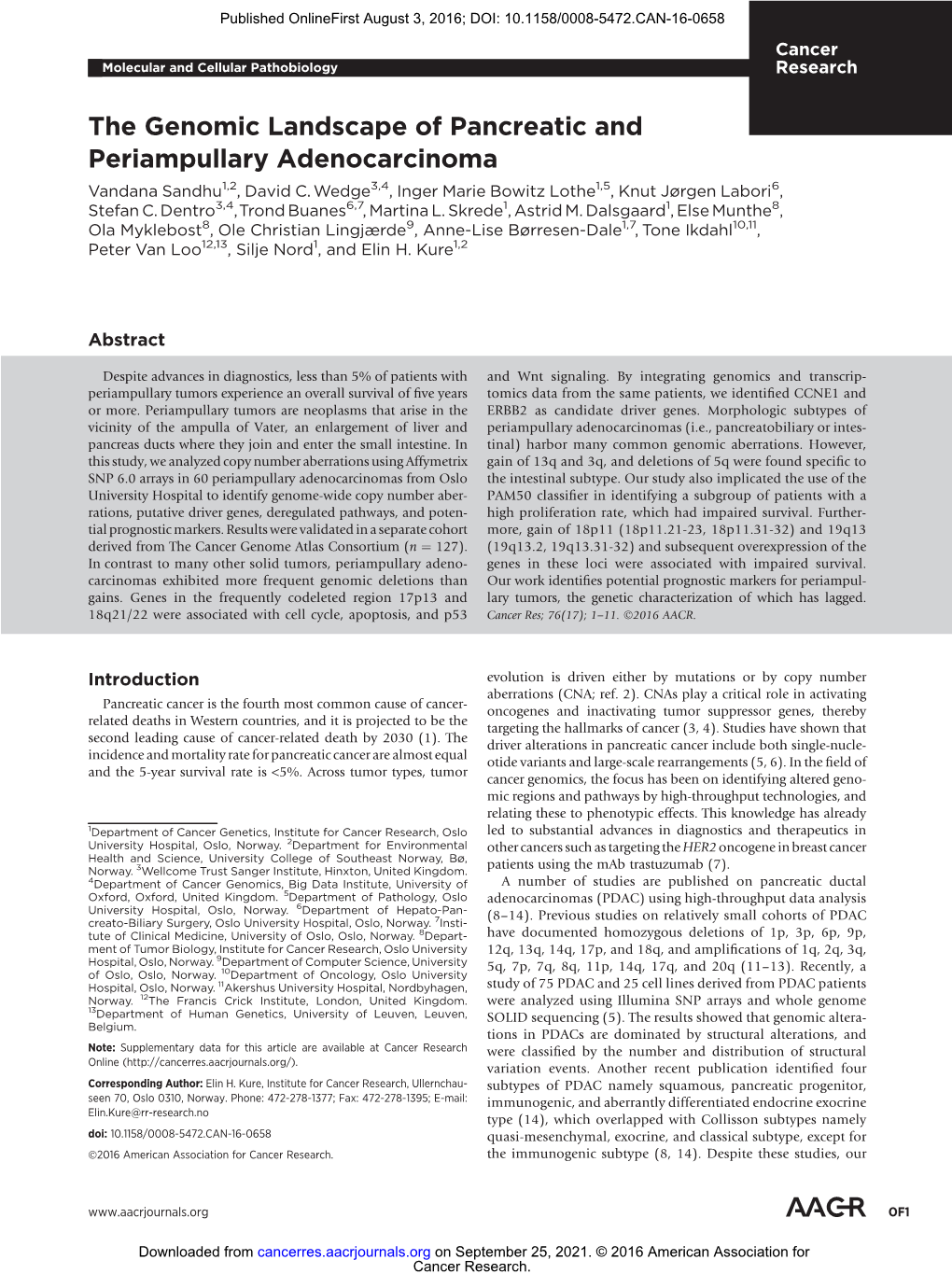 The Genomic Landscape of Pancreatic and Periampullary Adenocarcinoma Vandana Sandhu1,2, David C