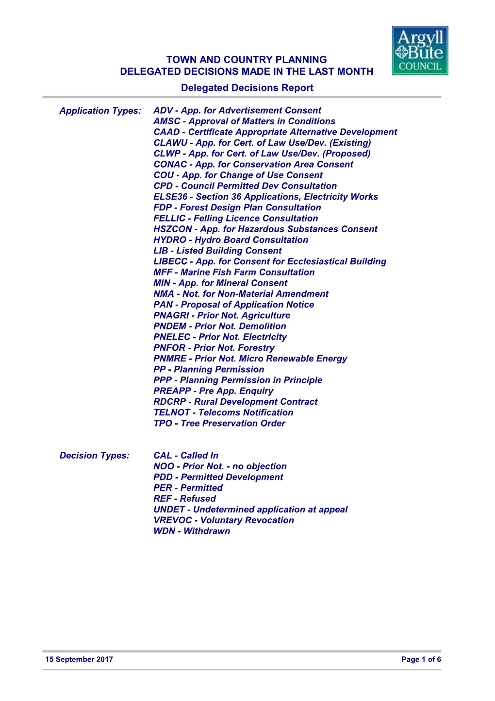TOWN and COUNTRY PLANNING DELEGATED DECISIONS MADE in the LAST MONTH Delegated Decisions Report