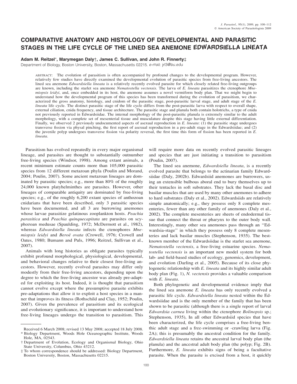 Comparative Anatomy and Histology of Developmental and Parasitic Stages in the Life Cycle of the Lined Sea Anemone Edwardsiella Lineata