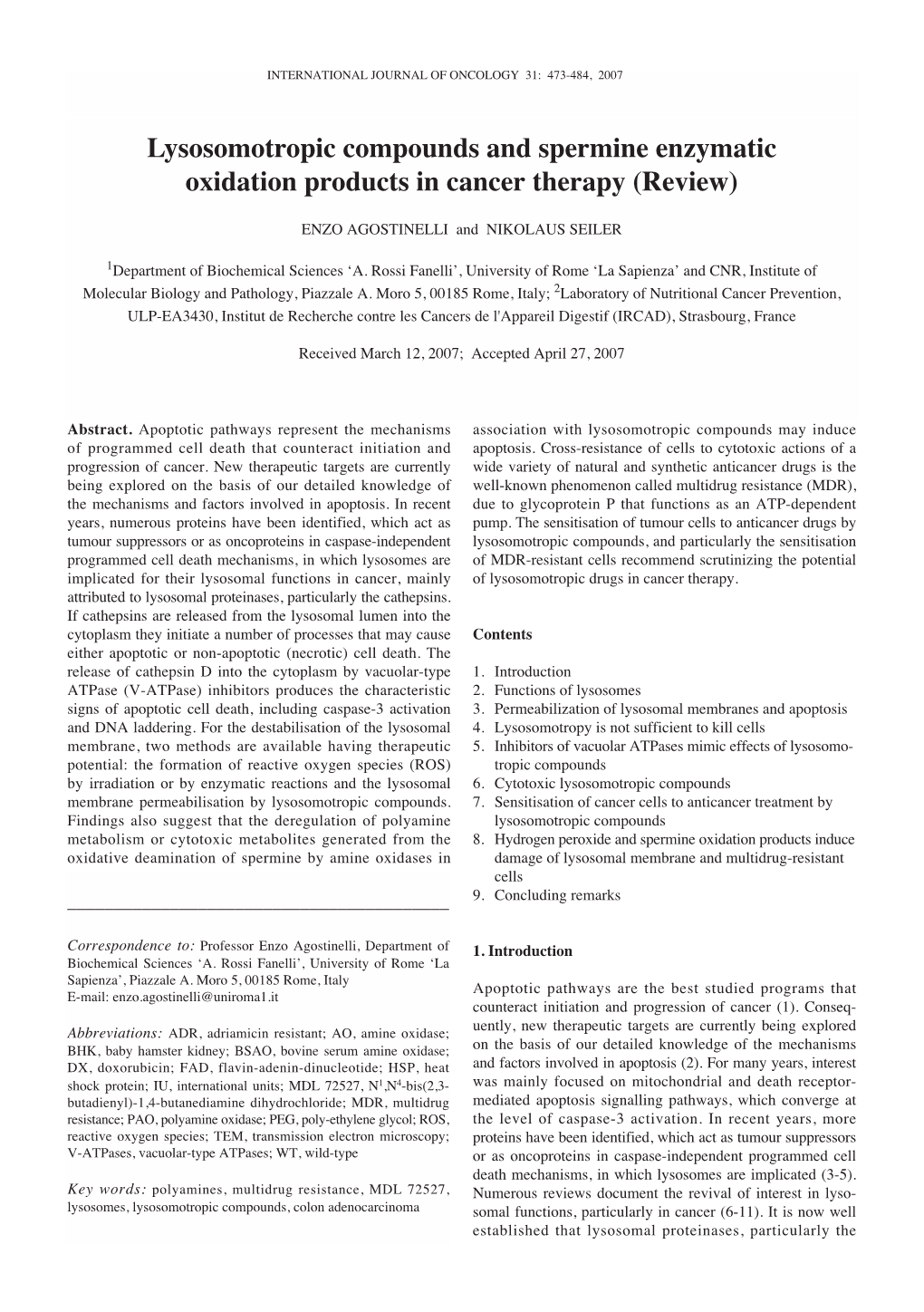 Lysosomotropic Compounds and Spermine Enzymatic Oxidation Products in Cancer Therapy (Review)