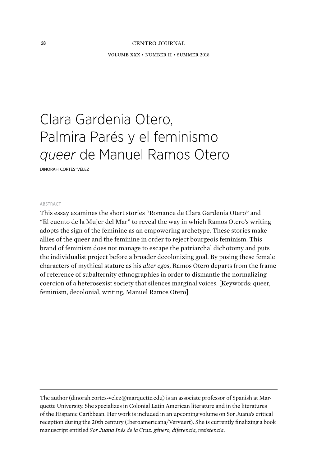 Clara Gardenia Otero, Palmira Parés Y El Feminismo Queer De Manuel Ramos Otero DINORAH CORTÉS-VÉLEZ