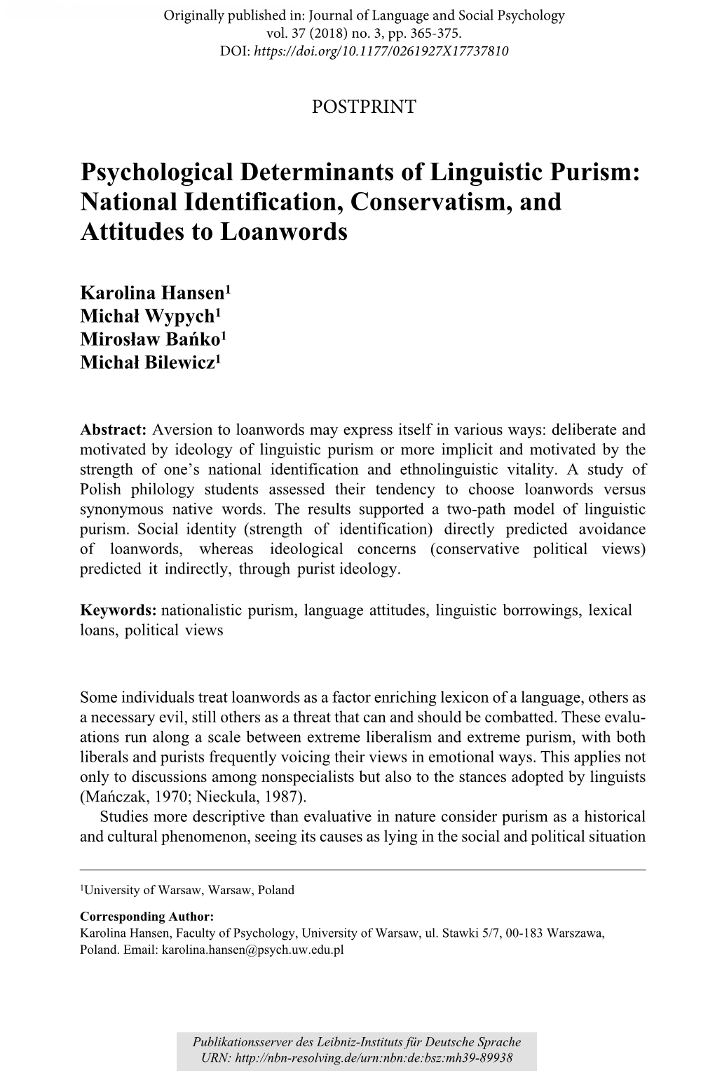 Psychological Determinants of Linguistic Purism: National Identification, Conservatism, and Attitudes to Loanwords